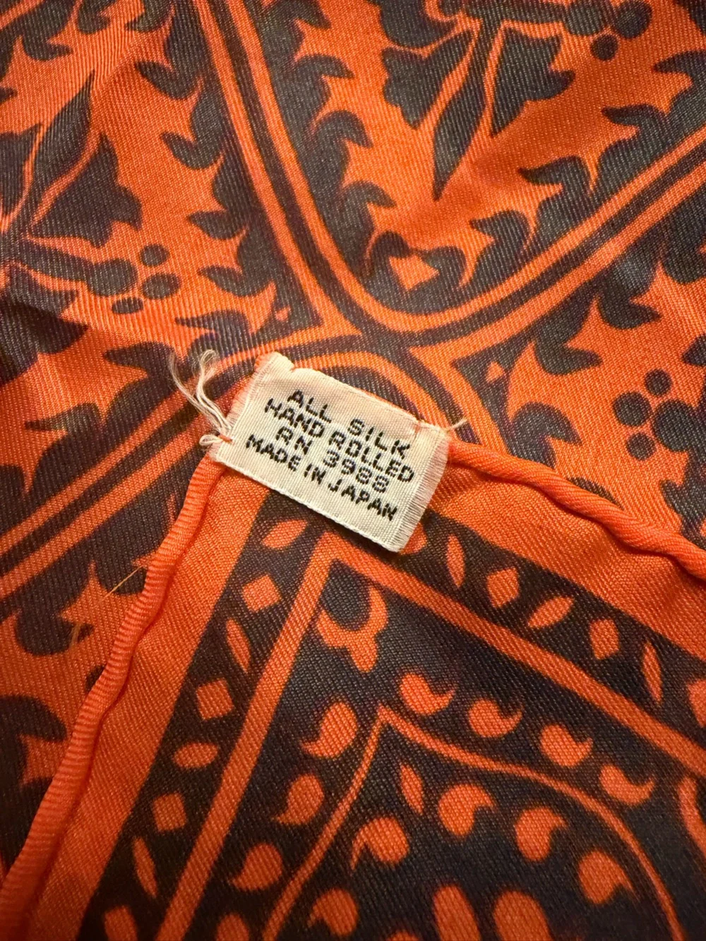 Vintage Baar Beards Japan Silk Scarf 21” Orange Navy Geometric Tile Neckerchief